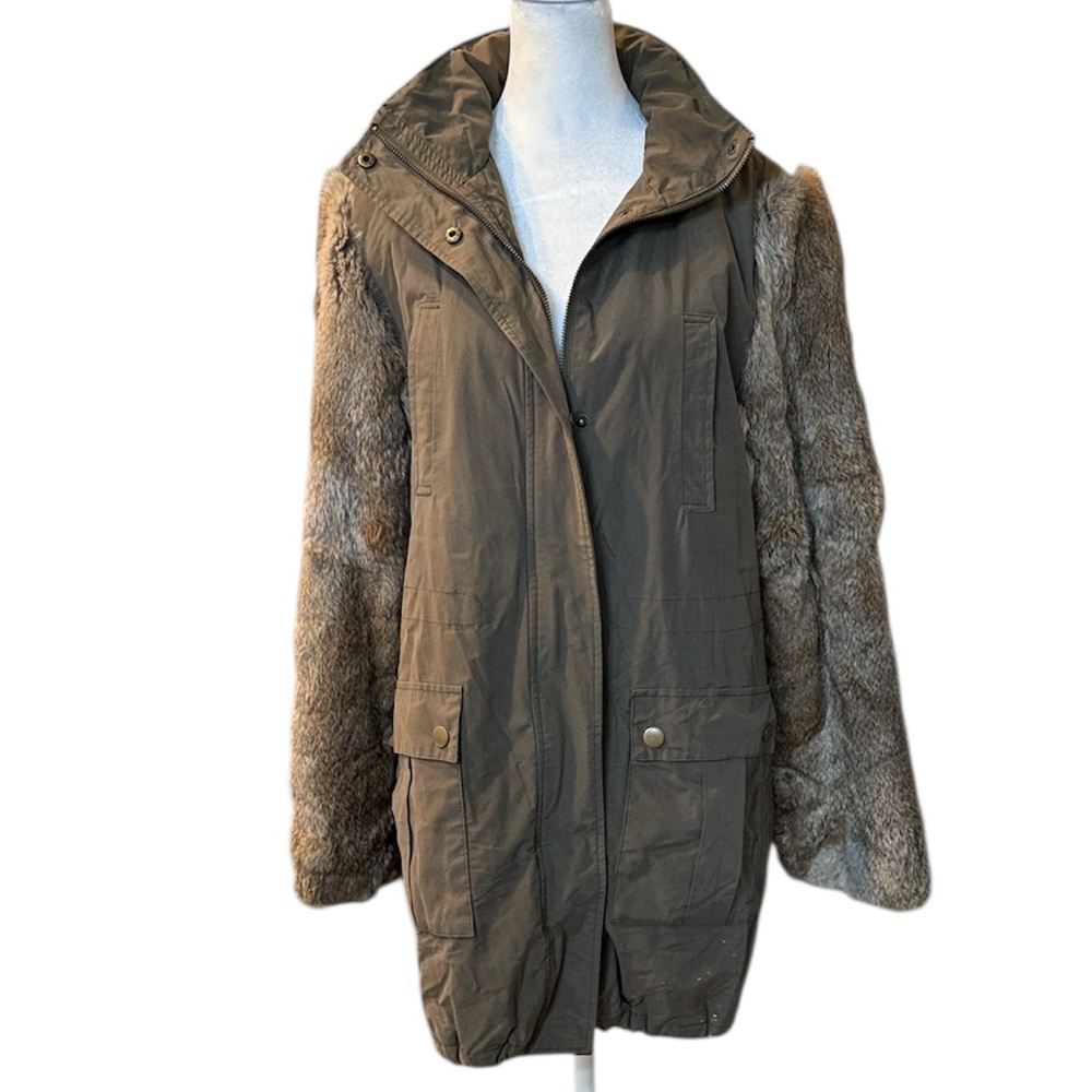 Aqua Utility Jacket with Rabbit Fur Sleeves in Green and Brown Size Medium